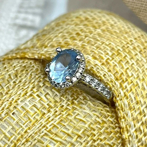 Vintage Estate Sterling Silver 925 Blue Topaz & Diamond Halo Ring – Size 6 - Picture 5 of 17